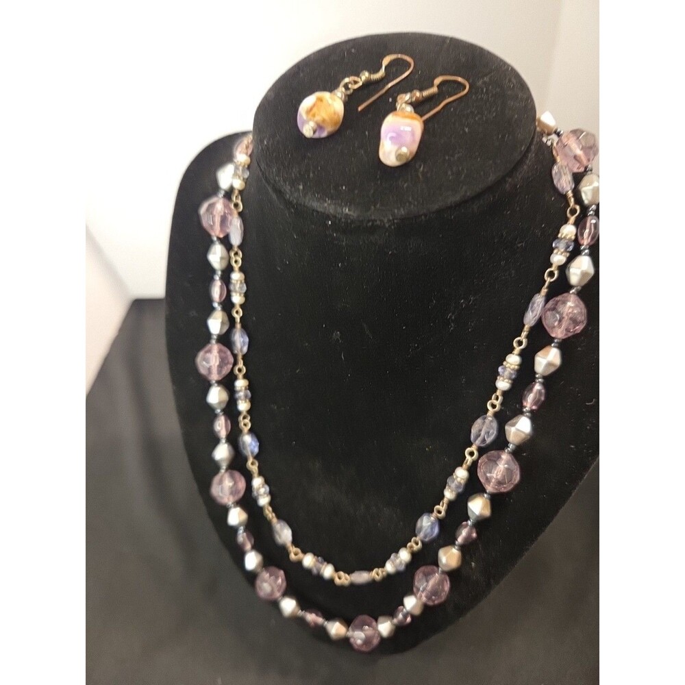 Purple & Silvertone Set Of 2 Necklaces 1, 16" Other 20" & Purple Stone Earrings